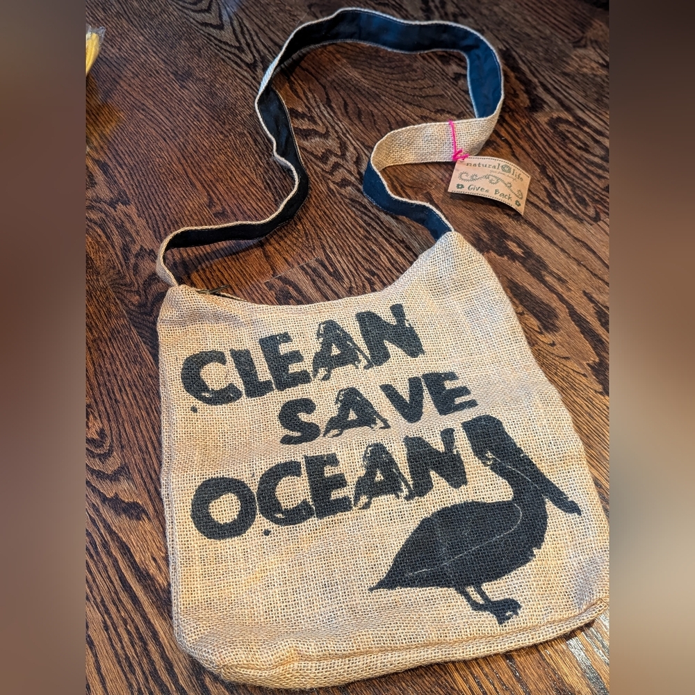 Natural Life Clean Save Ocean Burlap Crossbody Bag